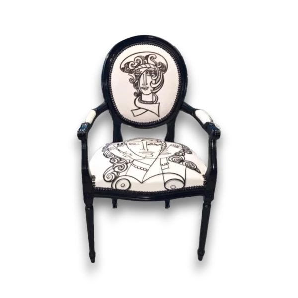 fauteuil design artistique noir et blanc avec motif cubiste - vue de face