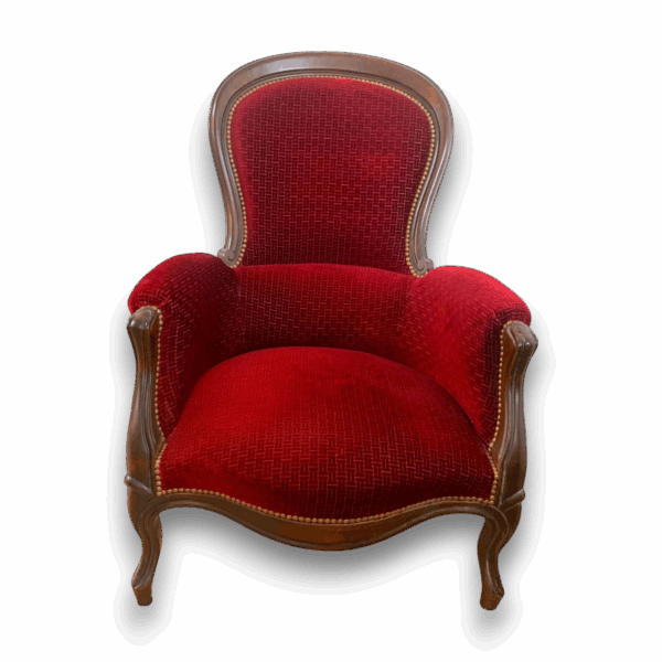 Fauteuil style Bergère, tissu velours bordeaux